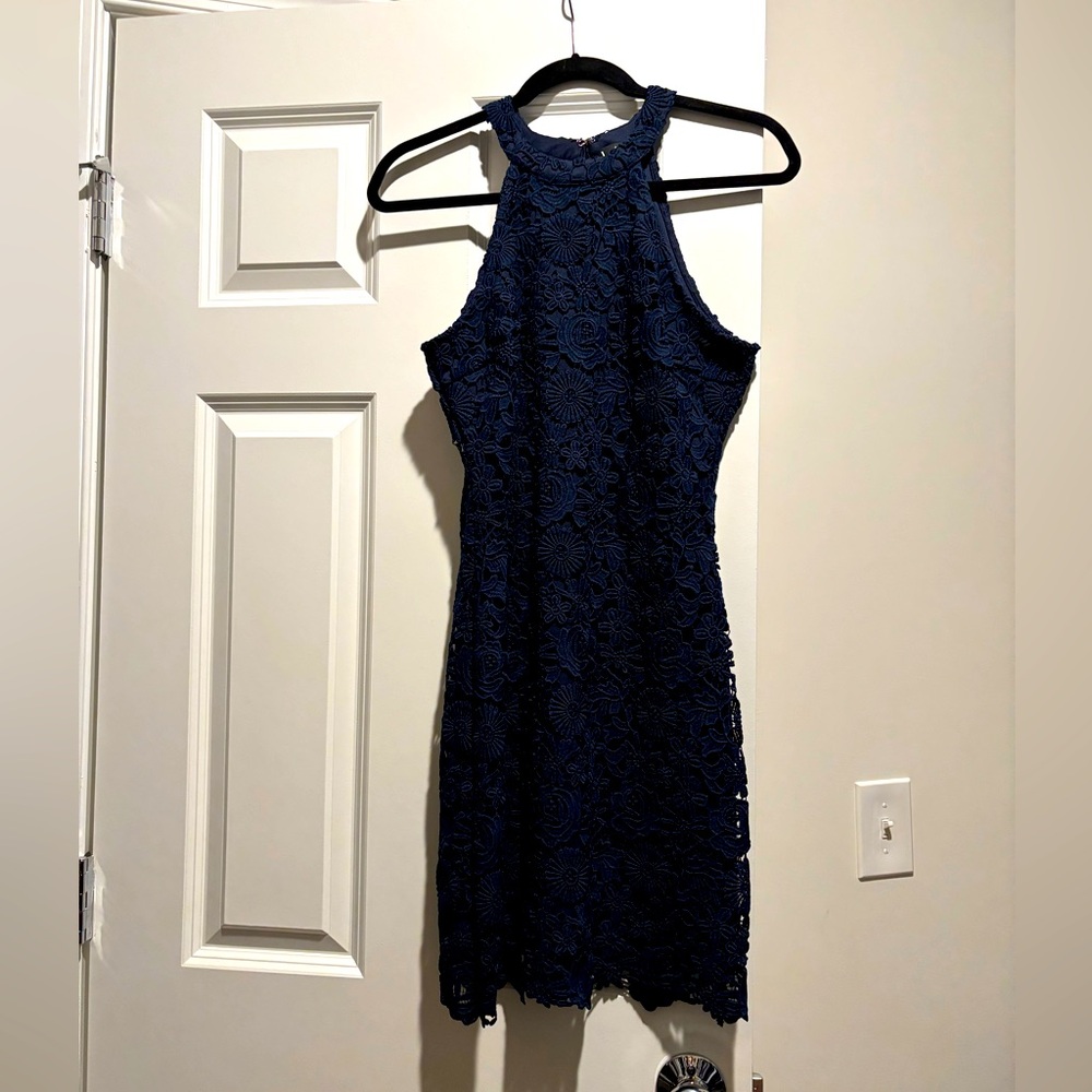 Lulus love poem navy blue lace mini dress